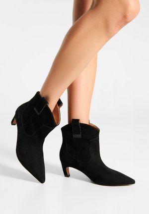 Black suede ankle boots with a pointed toe, a small block heel, and accent stitching, featuring a pull tab at the back.