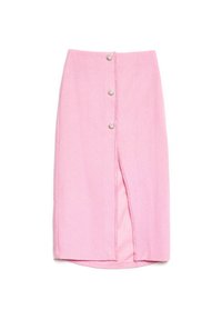 Ροζ φούστα μέχρι το γόνατο με τρεις διακοσμητικές πέρλες και σχίσμα μπροστά, φτιαγμένη από υφή υφάσματος με λείο εσωτερικό επένδυση.