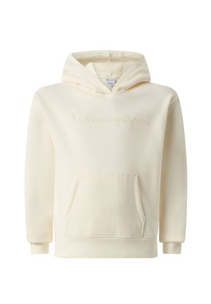 Bluza Champion w kremowym kolorze z przednią kieszenią kangurka i subtelnym wytłaczanym logo na piersi, długimi rękawami i przyszytym kapturem.