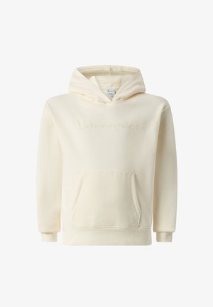 Sweat à capuche Champion couleur crème avec poche kangourou à l'avant et logo embossé subtil sur la poitrine, manches longues et capuche attachée.