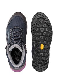 Scarpe da trekking blu scuro con tomaia testurizzata, fodera in rete e suola in gomma con robusti tacchetti per una migliore aderenza. Accenti rosa sul tallone.