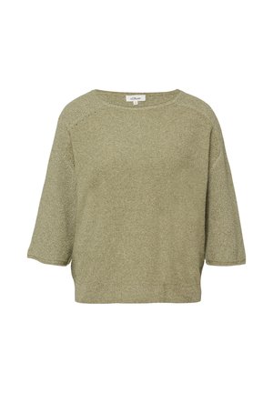 Hellolivgrüner gestrickter Pullover mit dreiviertel Ärmeln und rundem Ausschnitt, auf weißem Hintergrund dargestellt.