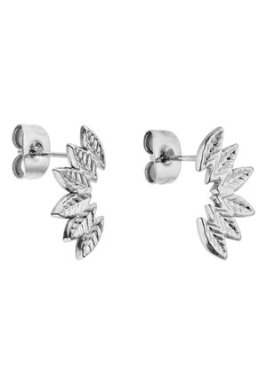 Silver stud earrings shaped like curved branches with detailed leaves, secured by butterfly backings, displayed on a white background.