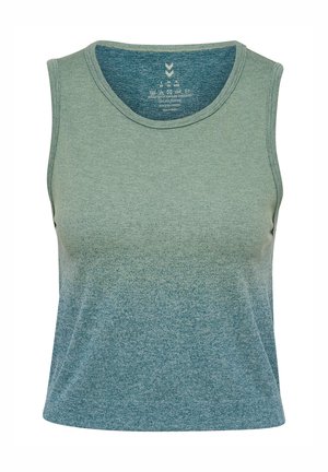 Bezrękawnik sportowy z gradientem od zielonego do turkusowego, okrągłym dekoltem i dopasowaną dzianinową tkaniną.