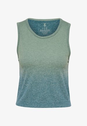 Bezrękawnik sportowy z gradientem od zielonego do turkusowego, okrągłym dekoltem i dopasowaną dzianinową tkaniną.