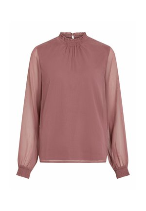 Blouse dans une couleur rose douce, fabriquée en tissu léger. Elle présente un col smocké haut, de longues manches transparentes et des détails froncés au niveau de l'encolure.