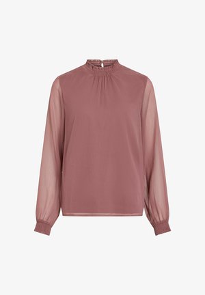 Blauzono spalva - ramus rožinis, pagamintas iš lengvos medžiagos. Turi aukštą raukinį ant kaklo, ilgas permatomas rankoves ir surinktus detales ant apykaklės.