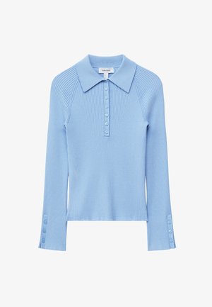 Light blue ribbed long-sleeve polo top with a collar, featuring a button placket and button accents on the sleeves.