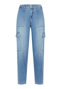 Lichtblauwe denim cargobroek met een hoge taille, met twee voorzakken en zijcargozakken. Soepele textuur en recht gesneden ontwerp.