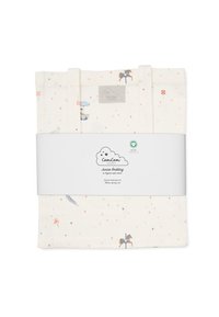 Zestaw pościeli dla dzieci z kremowej tkaniny w bajkowe wzory, takie jak karuzelowe konie i słodkości, wykończony pastelową lamówką.