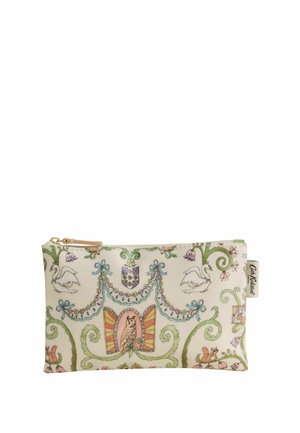 Rechteckiges Stofftäschchen mit floralen und tierischen Mustern, darunter Schwäne, Eulen und Eichhörnchen in Pastellfarben und mit Reißverschluss.