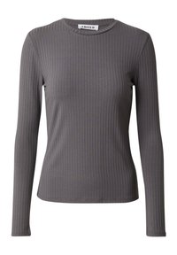 Maglietta a maniche lunghe in misto cotone grigio scuro con scollo rotondo e silhouette aderente. Texture liscia e motivo verticale uniforme.