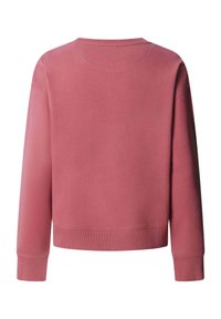 Sudadera de manga larga en rosa empolvado con cuello redondo y puños y dobladillo acanalados, mostrada desde atrás sobre un fondo blanco.