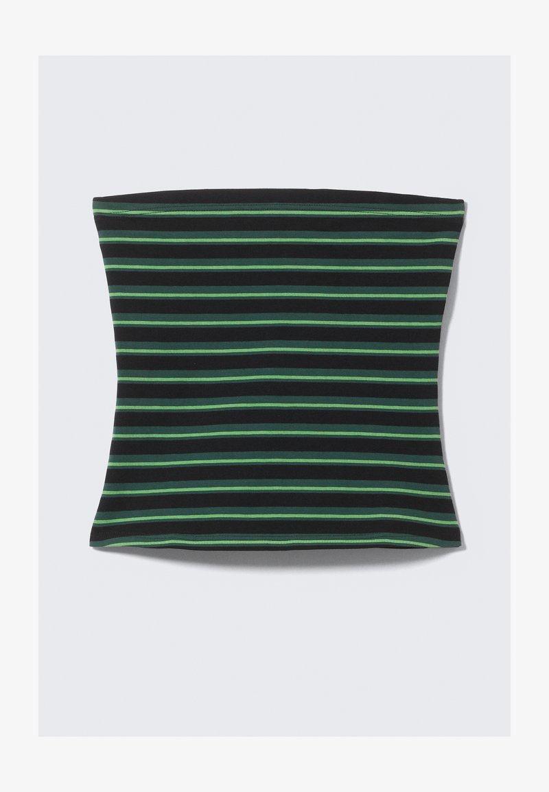 Gestreifter Kissenbezug mit horizontalen schwarzen und grünen Streifen. Hergestellt aus weichem Stoff mit glatter Textur und abgerundeten Kanten.