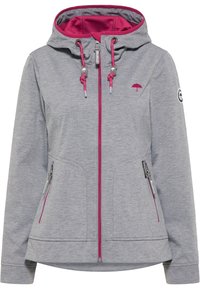 Veste à capuche grise avec doublure intérieure rose, fermeture éclair à l'avant et cordons assortis. Comprend deux poches latérales et un logo parapluie sur la manche.