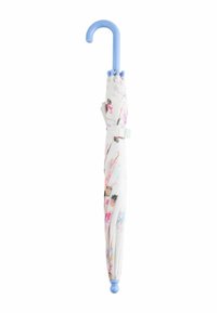 Ombrello compatto con manico ad uncino blu chiaro, dotato di una copertura a motivo bianco con illustrazioni di persone in varie pose.