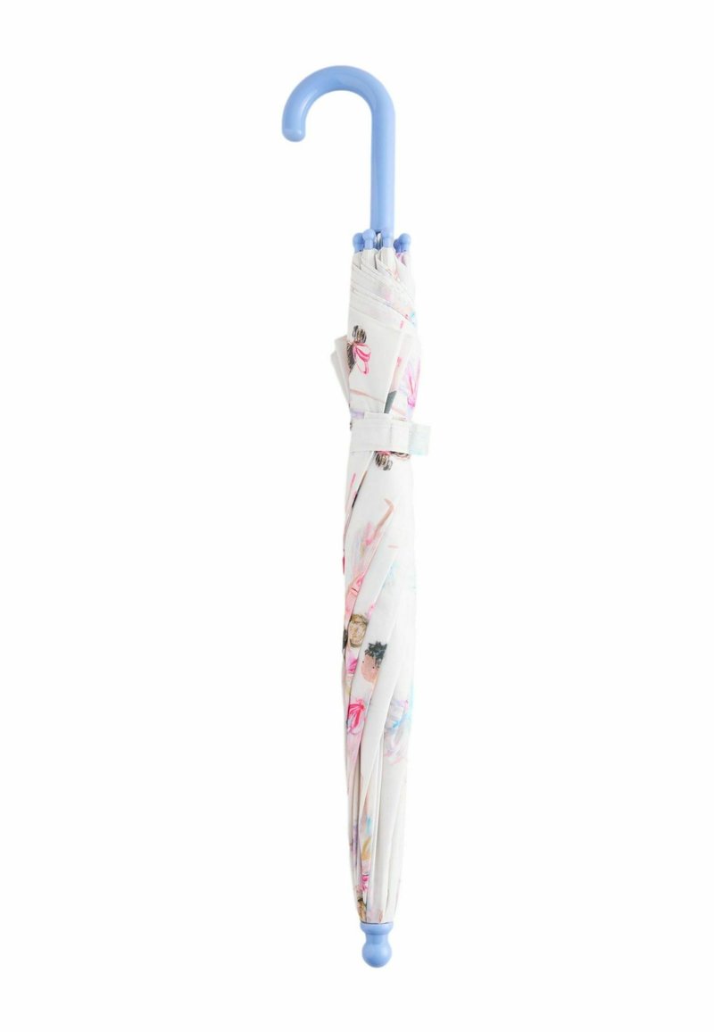 Ombrello compatto con manico ad uncino blu chiaro, dotato di una copertura a motivo bianco con illustrazioni di persone in varie pose.
