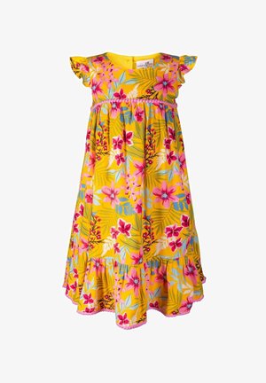 Vestido infantil amarillo sin mangas con estampado floral en rosa, rojo y azul, mangas con volantes y dobladillo y cintura fruncidos.