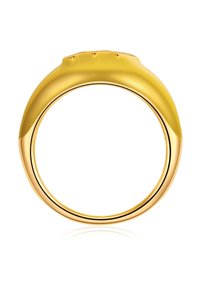 Guldring med en slät, rundad design. Har en något upphöjd topp med tre små runda detaljer. Polerad yta.