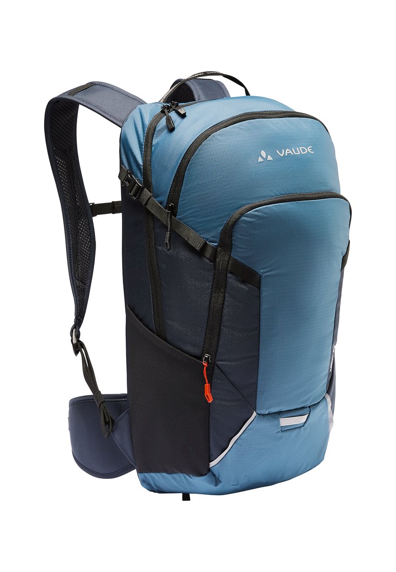 Sac à dos bleu et noir avec un design rembourré, plusieurs compartiments, des bretelles en mesh et un zip orange. Comprend des accents réfléchissants.