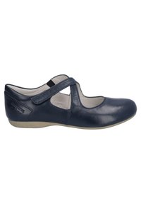 Zapato Mary Jane de piel azul marino con punta redondeada, detalle de corte, correa elástica y suela de goma texturizada y baja.