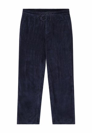 Marineblauwe corduroy broek met elastische tailleband en trekkoord, rechte pijpen en zijzakken.