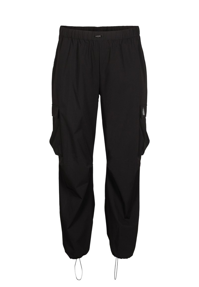 Black cargo pants with elastic waistband, two side pockets, adjustable cuffs with drawstrings, and a smooth, lightweight fabric texture.