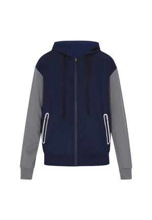 Granatowy i szary hoodie na zamek błyskawiczny z kapturem, z dwiema przednimi kieszeniami na zamek błyskawiczny i czarnymi sznurkami. Gładki materiał z kontrastującymi rękawami.