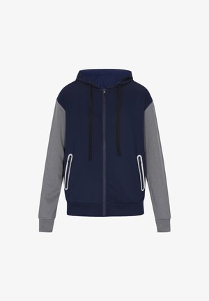 Granatowy i szary hoodie na zamek błyskawiczny z kapturem, z dwiema przednimi kieszeniami na zamek błyskawiczny i czarnymi sznurkami. Gładki materiał z kontrastującymi rękawami.