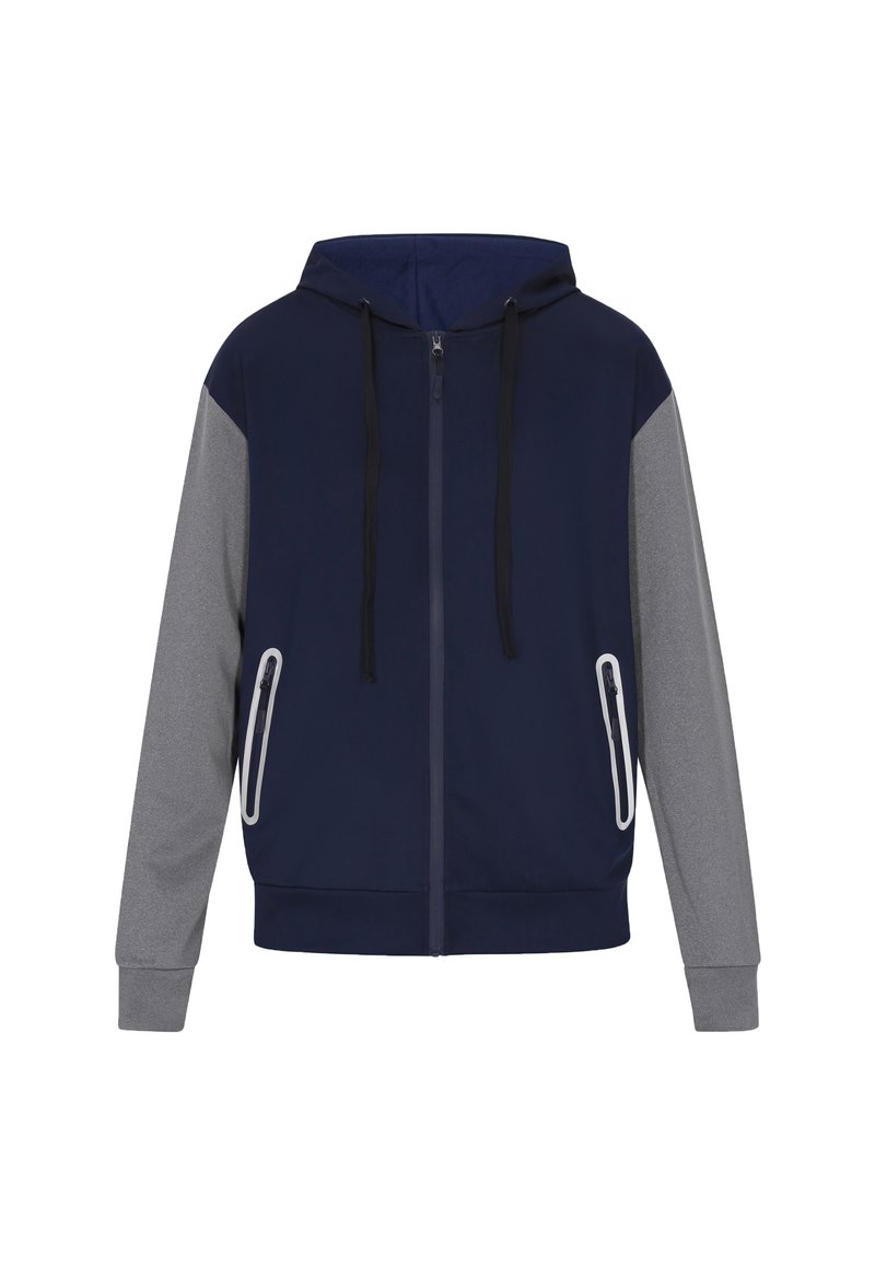 Felpa a zip blu navy e grigia con cappuccio, dotata di due tasche frontali con zip e cordini neri. Tessuto liscio con maniche a contrasto.