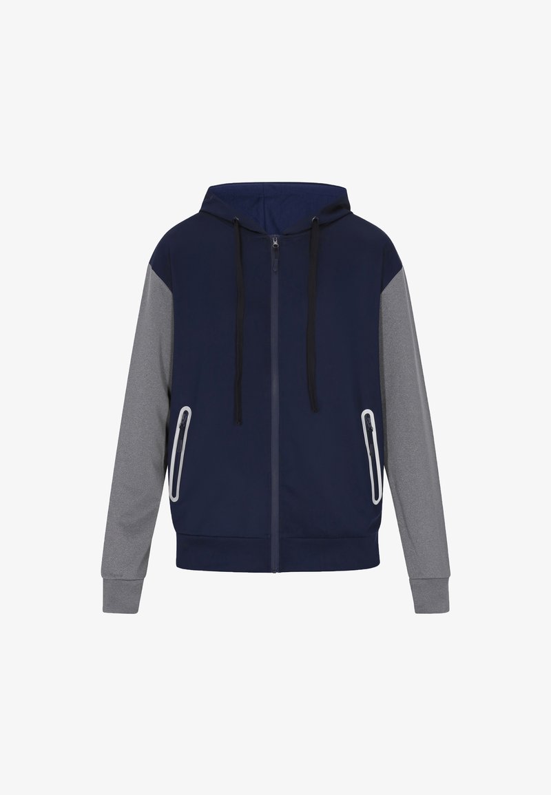 Sudadera con cremallera en color marino y gris, con capucha, que presenta dos bolsillos frontales con cremallera y cordones negros. Tejido suave con mangas en contraste.