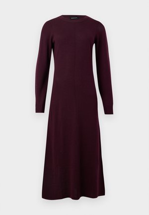 Long-sleeve, fitted knit dress in deep burgundy. Round neckline, smooth texture, and mid-length design, with a simple, clean silhouette.
