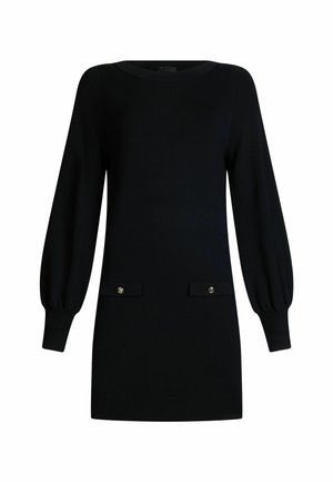 Abito maglione nero con maniche a palloncino lunghe, collo rotondo e due tasche frontali con accenti metallici. Texture in maglia morbida.