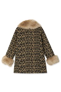 Παλτό με λεοπάρ σχέδιο, μαλακό γιακά και μανσέτες από ψεύτικη γούνα. Σχέδιο σε αποχρώσεις καφέ και μαύρου, μήκος μέχρι τη μέση, με άνετη γραμμή και μακριά μανίκια.