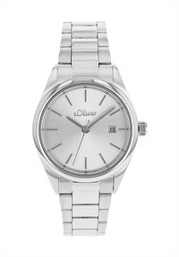 Zilveren roestvrijstalen horloge met een geborstelde afwerking, minimalistische wijzerplaat, dunne uurmarkeringen en een datummandje op drie uur. Merkinaam: s.Oliver.