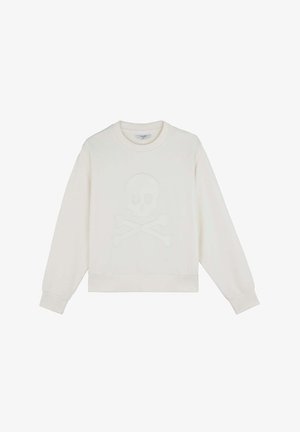 Crème sweatshirt met een geborduurd doodskop- en kruisbeenderenontwerp. Gemaakt van zachte stof met ribgebreide mouwen en onderrand.
