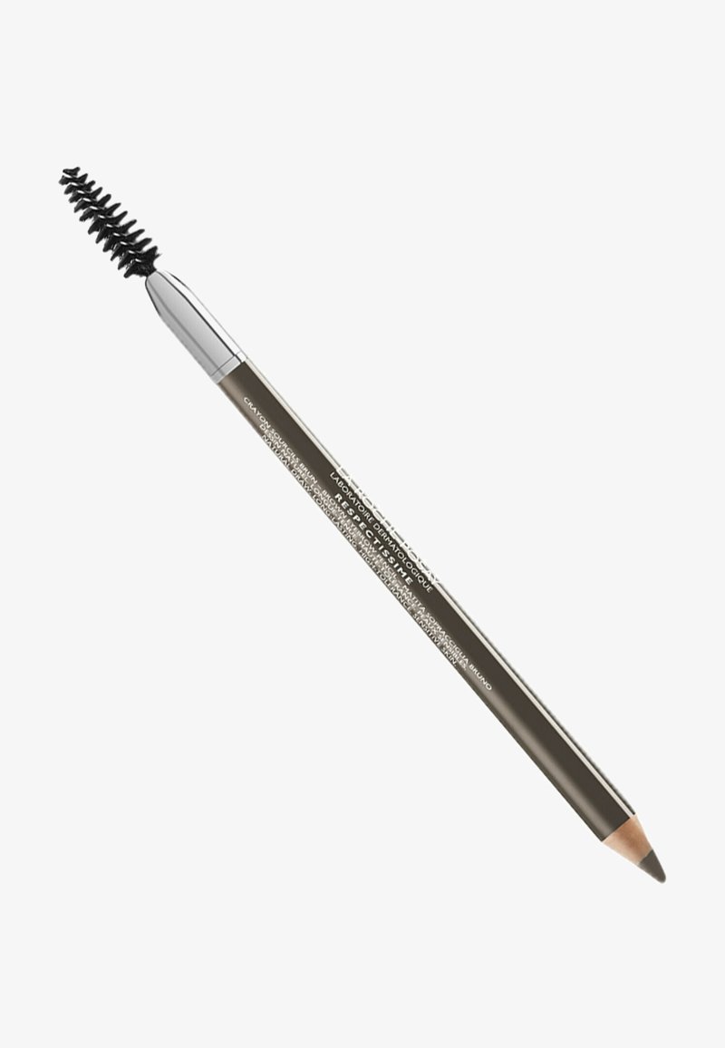 Brown eyebrow pencil with a tapered tip and a black spiral brush. The pencil features a glossy silver accent and printed text along the shaft.