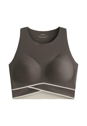 Sutien sport din material gri închis, căptușit, cu un guler înalt și detalii cu bandă elastică încrucișată la bază.