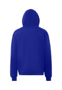 Modrá mikina s kapucí, měkká látka, uvolněný střih, obsahuje kapuci, žebrované manžety a pas, hladká textura, jednoduchý design bez dalších vzorů.