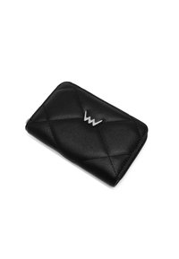 Black leather wallet with a quilted design, featuring a silver logo. It has a rectangular shape and a textured surface. Zippered closure.