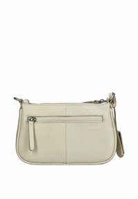 Piccolo borsa a tracolla in pelle color crema con finitura texture, chiusura con zip e tracolla singola. Presenta una tasca posteriore con zip e dettagli di cucitura.