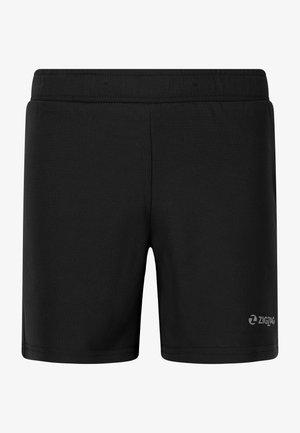Schwarze Sportshorts mit einer glatten, weichen Textur, die ein einfaches Design und ein Logo auf der unteren rechten Seite aufweisen. Der Bund ist elastisch.