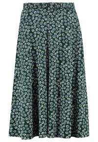 Jupe A-line florale avec un fond vert, ornée de motifs bleus et blancs. Fabriquée en tissu léger avec une taille confortable.