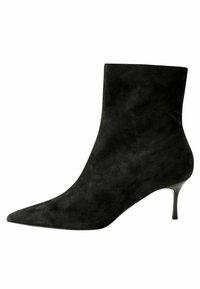 Black suede ankle boot with a pointed toe and a slim stiletto heel, featuring a smooth texture and minimalistic design.