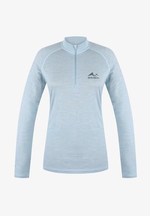 Himmelblaues Langarm-Pullover mit einem Viertel-Reißverschluss am Hals. Merkmale sind eine glatte Textur und ein kleines Berglogo auf der linken Brustseite.