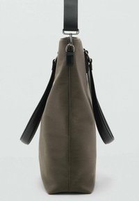 Geantă tote de culoare verde măslin cu accente de piele neagră, mâner superior și curea de umăr ajustabilă. Fabricată dintr-un material durabil, cu un design conic.