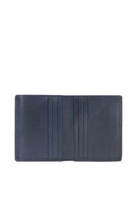 Leather cardholder in navy, featuring multiple card slots and a smooth texture. Minimalist design with visible stitching and branding.