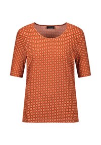 Kurzärmeliges T-Shirt mit Rundhalsausschnitt in leuchtendem Orange, mit geometrischem Muster aus cremefarbenen Rauten, aus weichem Stoff mit glatter Textur.