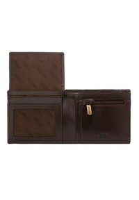 Portefeuille en cuir marron avec un intérieur texturé, des fentes pour cartes, une fenêtre pour identification transparente et une poche à monnaie zippée avec des accessoires en or.