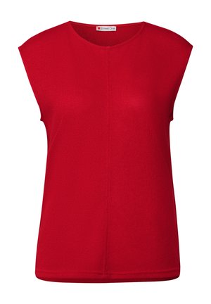 Haut rouge à manches courtes avec un col rond et un tissu texturé. Présente des coutures centrales et une coupe décontractée. Conçu pour un usage décontracté.